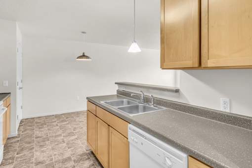 A kitchen with a white dishwasher and a sink.