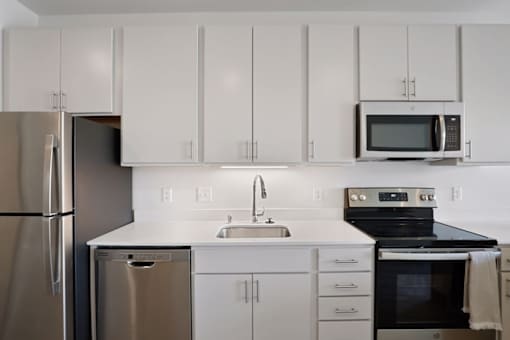 A modern kitchen with white cabinets and stainless steel appliances.