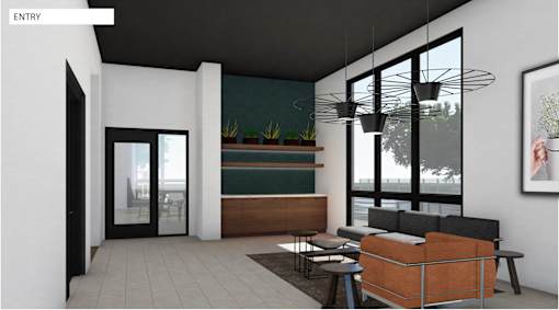 A modern living room with a black and white color scheme.
