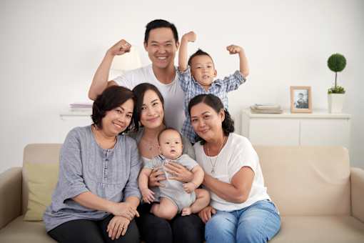 A family of five sitting on a couch in a living room.