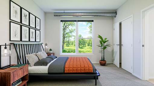 A bedroom with a bed, a potted plant, and pictures on the wall.