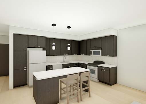 A modern kitchen with a white island and dark brown cabinets.