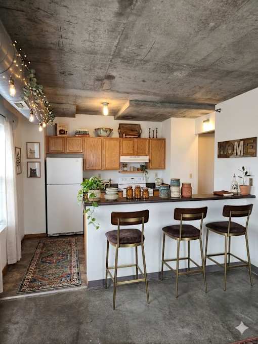 A kitchen with a white refrigerator and wooden cabinets.