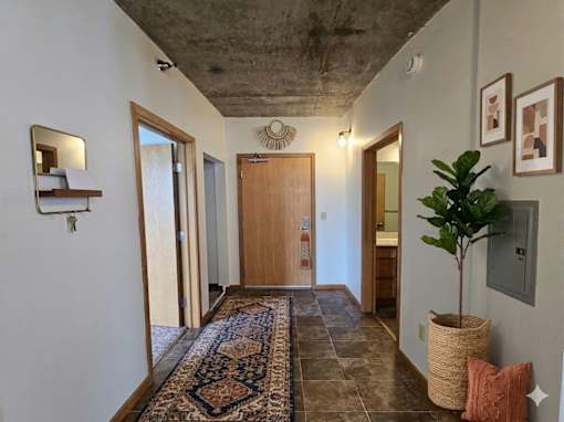 A hallway with a rug and a plant on the right side.
