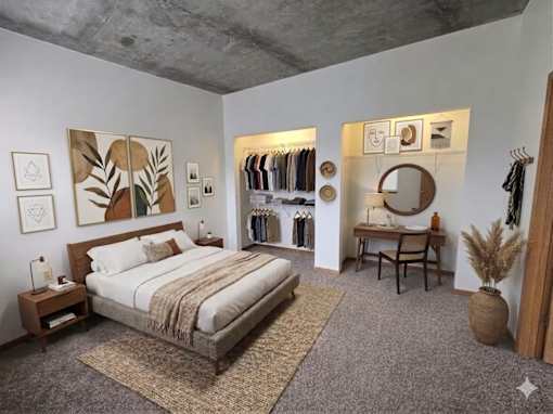 A bedroom with a large bed and a clothing rack.