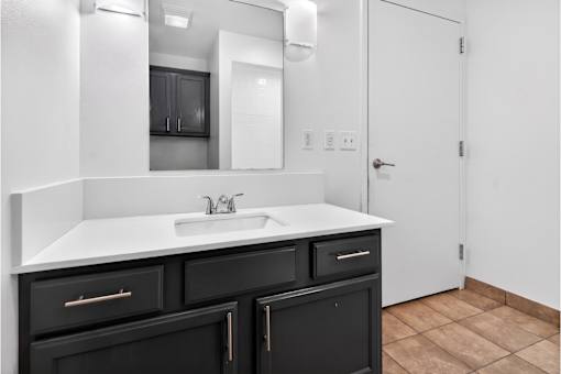 A bathroom with a sink, mirror, and black cabinets.