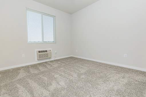 A room with a carpeted floor and a window with blinds.