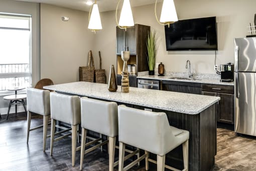 Community recreation room kitchen at AXIS apartments in Papillion, NE