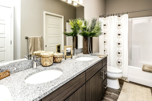Large bathrooms with espresso cabinets at AXIS apartments in Papillion, NE