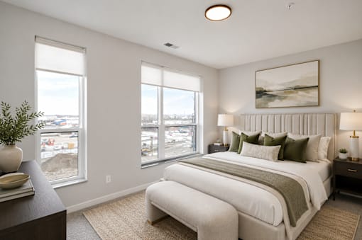 A bedroom with a large bed and a view of the city.