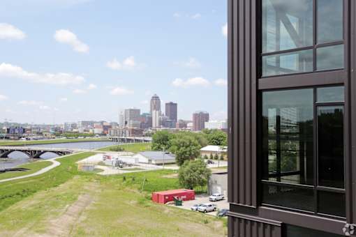 A view of a city skyline from a high vantage point.