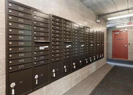 A row of mailboxes are lined up on a wall.