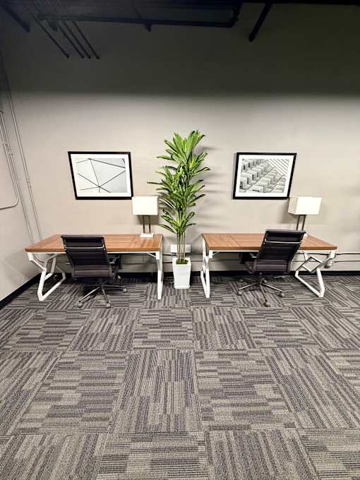A room with a grey carpet and a wooden table with two chairs.