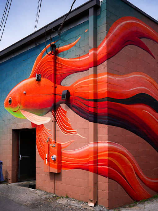 A large fish mural on a building.