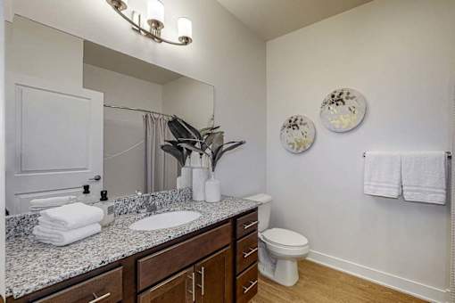A bathroom with a marble countertop and a white toilet.