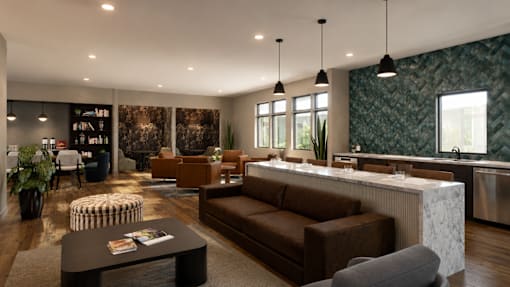 A modern living room with a dark brown sofa and a coffee table.