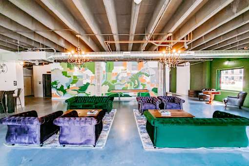 A room with a green couch and a purple couch.
