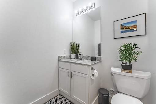 A bathroom with a white toilet, a white sink, a white cabinet, a white wall, a black trash can, a potted plant, and a framed picture.