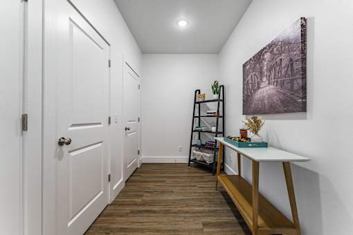A hallway with a white door and a white table with a plant on it.