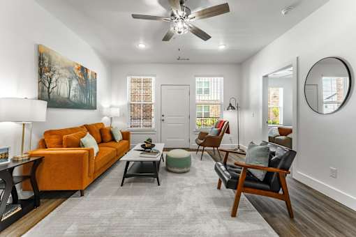A living room with a brown sofa and a grey rug.