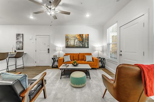 A living room with a brown leather chair and a grey rug.