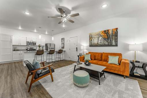 A living room with a brown couch and a grey rug.