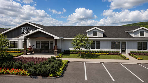 A building with the name "Teal Ridge" on it.