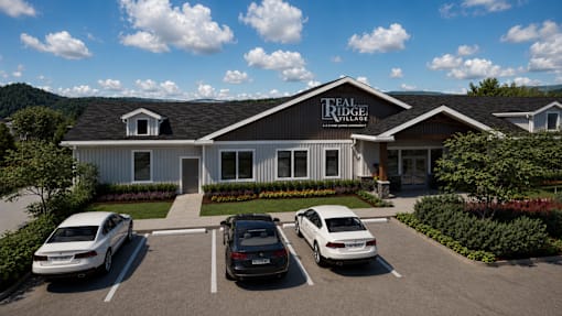 A building with the words "Ridge Village" on it is surrounded by parked cars.