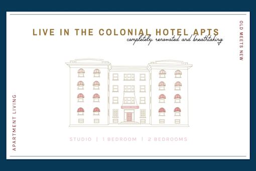 A poster advertising colonial hotel apartments with a line drawing of the building.