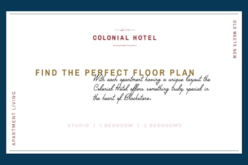 A blue and white advertisement for a Colonial Hotel.