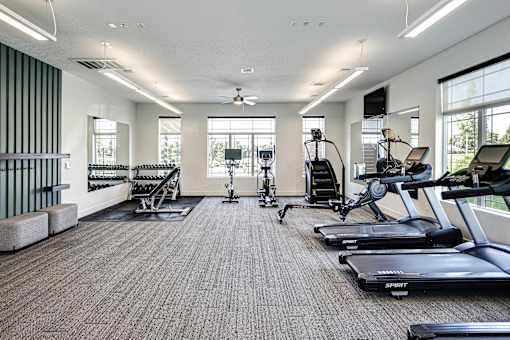 A gym with treadmills, elliptical machines, and other exercise equipment.