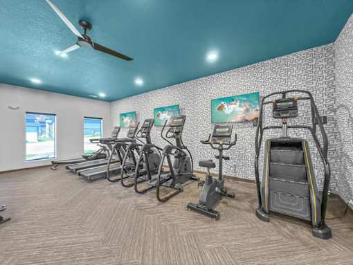 A room with a ceiling fan and exercise equipment.