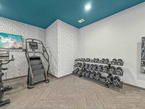 A gym room with a treadmill, elliptical trainer and dumbbells.