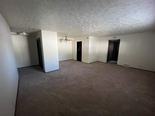 A room with a carpeted floor and a ceiling fan.