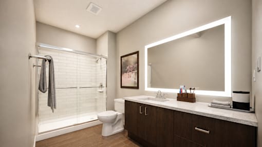 A bathroom with a toilet, sink, and mirror.