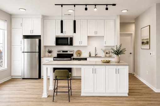 A kitchen with white cabinets and a wooden floor.