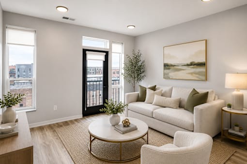 A living room with a white couch, a coffee table, and a painting on the wall.