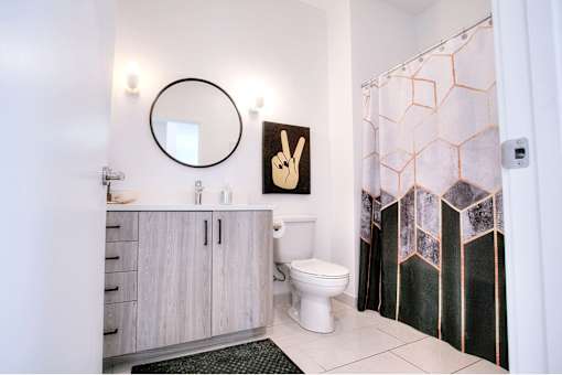 A bathroom with a toilet, a mirror, and a shower curtain.
