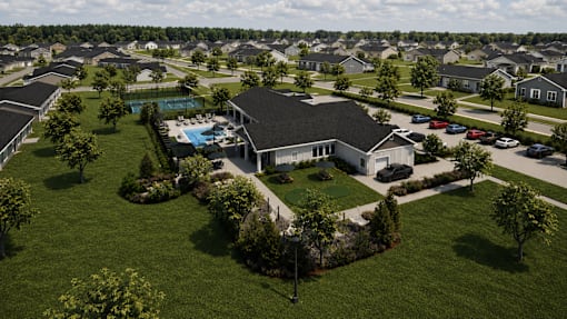 A bird's eye view of a residential area with houses, cars, and a swimming pool.