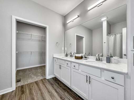 A bathroom with a white vanity and a walk-in shower.