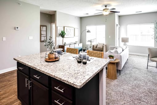 Luxury studio, one, and two bedroom apartment homes featuring granite countertops, stainless steel appliances, and fireplaces at East Lake Flats in Lincoln, NE