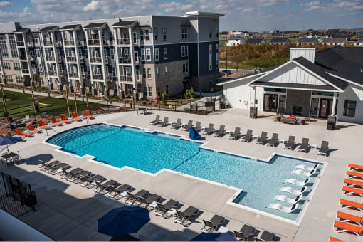 State-of-the-art exterior property amenities including resort-style pool, bocce ball court, pickleball court and much more at Fireside at Waukee, in Waukee, IA