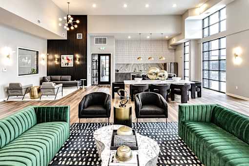 A modern living room with a green couch and a black and white rug.