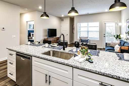 A kitchen with granite countertops and a stainless steel dishwasher.
