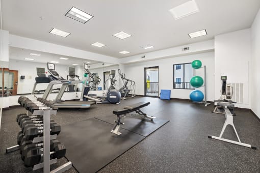 a gym with cardio machines and weights on the floor