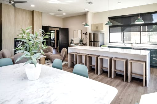 Clubhouse with kitchen and bar stools at The Brink at Ridgeview in Plattsmouth, NE