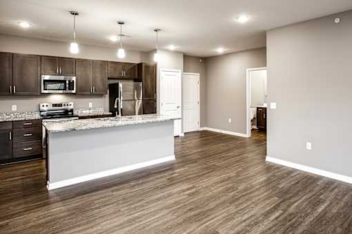 Studio, one two and three bedroom apartment homes featuring stainless steel appliances, luxury wood-style plank flooring, and in-unit washer and dryer in VUE 156 in Omaha, NE