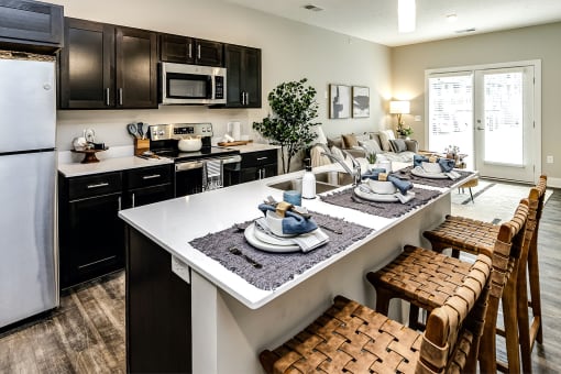 Large kitchens with quarts countertops at The Westline at Flanagan Lake in Omaha, NE