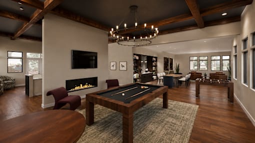 A large room with a pool table and a fireplace.