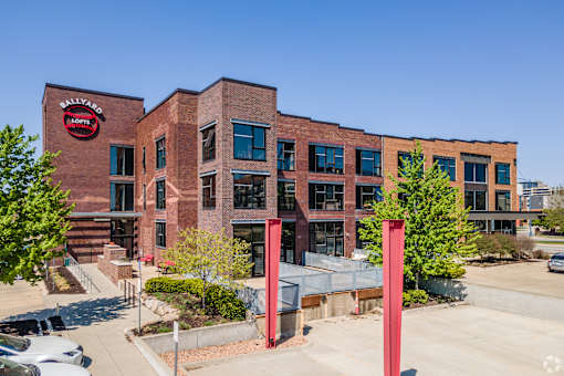 A red building with the words